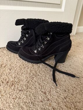 Black Faux-Shearling Lace-Up Heel Ankle Boots